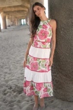 HAVEN CONTRAST SCALLOPED TEXTURED JACQUARD HALTER MIDI DRESS - Image 2