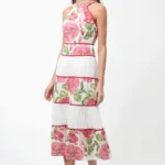 HAVEN CONTRAST SCALLOPED TEXTURED JACQUARD HALTER MIDI DRESS