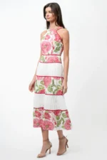 HAVEN CONTRAST SCALLOPED TEXTURED JACQUARD HALTER MIDI DRESS