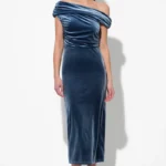CASETTE OFF SHOULDER VELVET MIDI DRESS