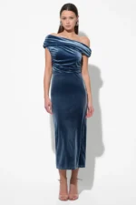 CASETTE OFF SHOULDER VELVET MIDI DRESS