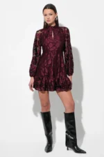 ELINOR VELVET BURNOUT MOCK NECK FIT AND FLARE DRESS