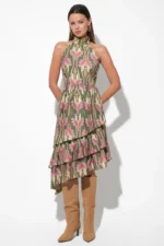 CHRISELLE HIGH NECK TIERED FLORAL MIDI DRESS