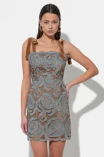 DONNA VELVET TIE STRAP 3D LACE MINI DRESS - Image 3