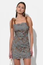 DONNA VELVET TIE STRAP 3D LACE MINI DRESS