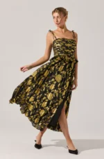 Emerys Pleated Metallic Floral Dress
