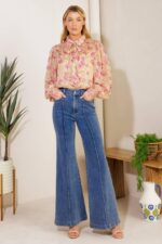 Ria Rose Print Tie Front Button Up Shirt - Image 2