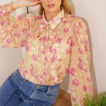 Ria Rose Print Tie Front Button Up Shirt