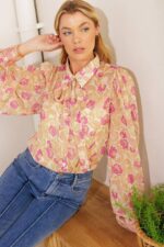 Ria Rose Print Tie Front Button Up Shirt