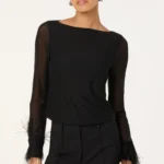 Brisa Mesh Feather Trim Top
