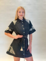 Alina Button Front Embroidery Shoulder Short Dress - Image 2