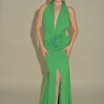 Ava Rose Detail Halter Back With Front Slit Long Dress