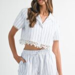 Nancy Button Up Shirt With Lace Trim Pant Set