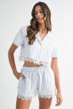Nancy Button Up Shirt With Lace Trim Pant Set