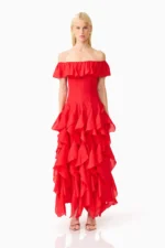 Yvette Off Shoulder Gown in Vermilion