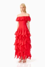 Yvette Off Shoulder Gown in Vermilion - Image 3