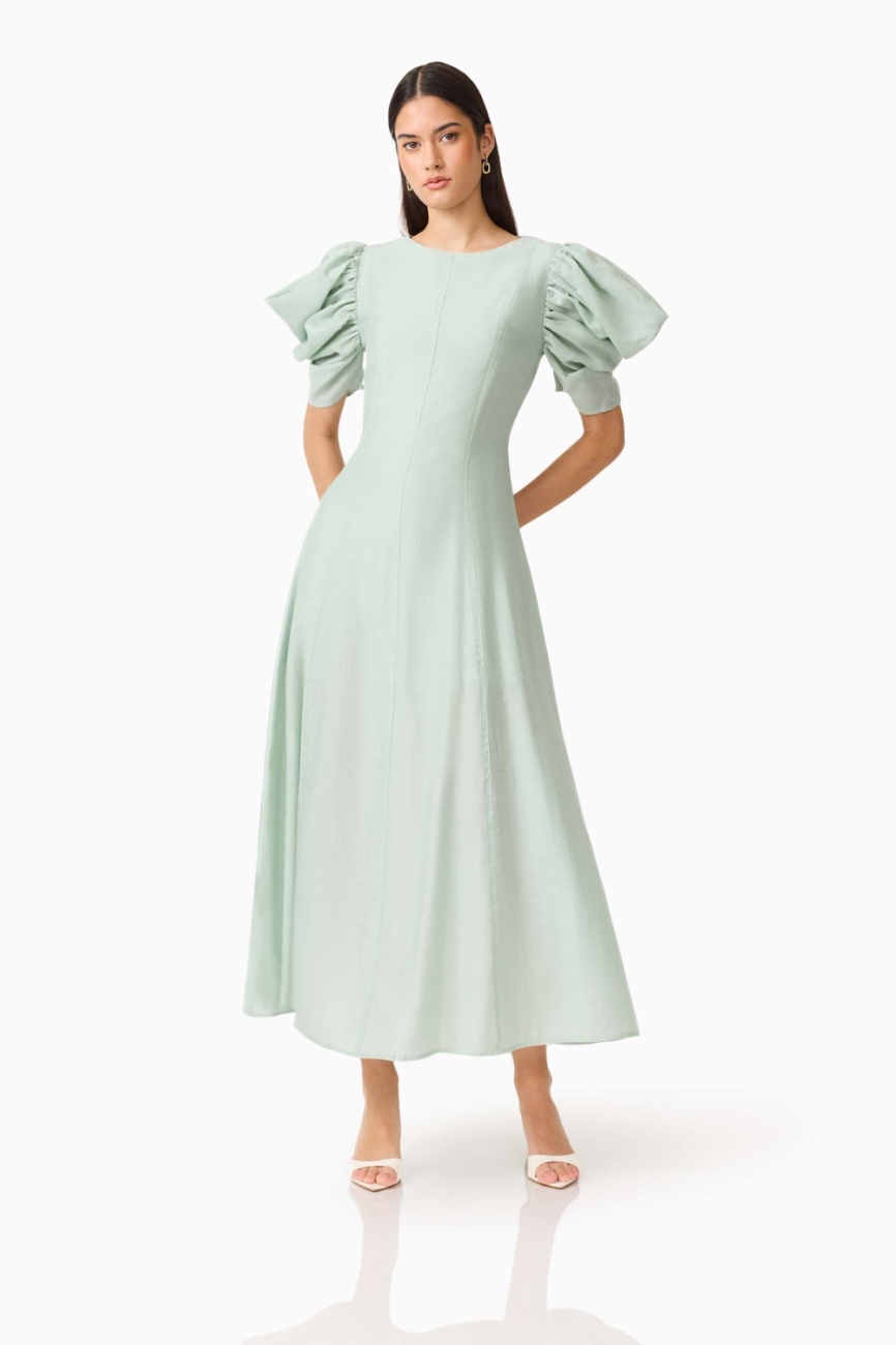 C1072622HS_SAGEGREEN_6 CURAAE Isaline Puff Sleeve Midi Dress in Sage Green - Image 1