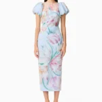 Priselle Puff Sleeve Midi Dress in Blue Floral