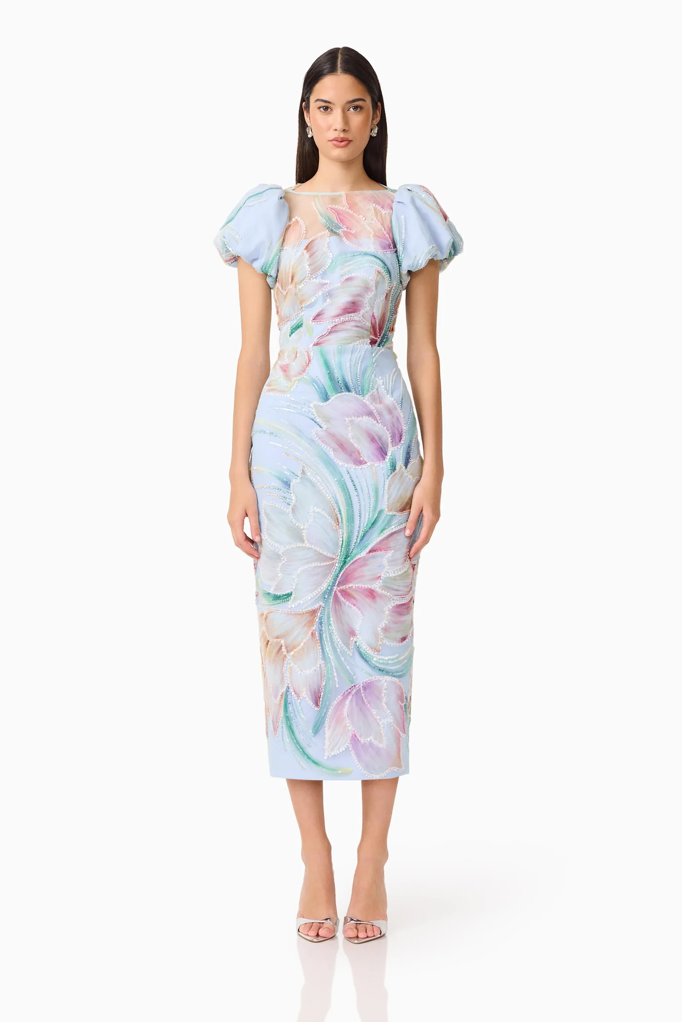 IMG_0315 Priselle Puff Sleeve Midi Dress in Blue Floral - Image 1